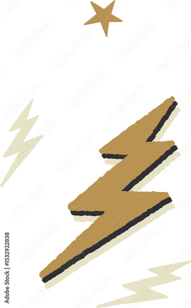 Poster stylized lightning bolts and small star are floating on transparent background in flat design