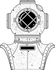 Monochrome sketch showing antique deep sea helmet chest plate, grid viewport transparent background