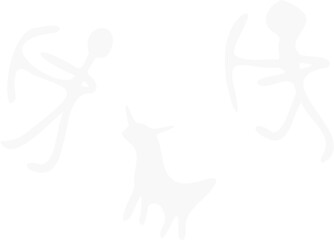 Two stylized hunters are drawing bows at prey in cave painting style on transparent background