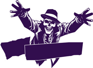 Flat design skeleton with purple fedora, suit is floating on clear bg above banners, copy space
