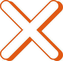 Flat design white X with orange outline is floating on transparent background, copy space