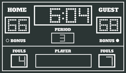 Flat design scoreboard is showing dot-matrix scores and timer on transparent backdrop, copy space