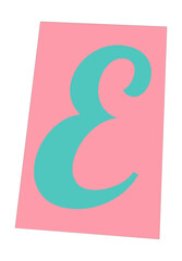 Turquoise letter E is floating on skewed pink rectangle in flat design, transparent background