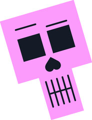 Flat design pink skull is floating on transparent background showing square eyes heart nose teeth