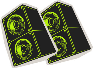 Pair of flat design speakers are tilting with neon green outline cones on transparent backdrop