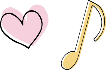 Heart and musical note icons are floating on transparent background in hand-drawn flat design style