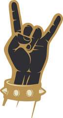 Stylized hand is making horns sign in flat style with gold spike bracelet on transparent background