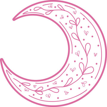 Naklejki Pink crescent moon vector-style showing heart motifs, dots, vine doodles on transparent background