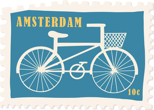 Fototapeta Flat teal stamp showing bike silhouette, bold yellow AMSTERDAM and 10c text, transparent background