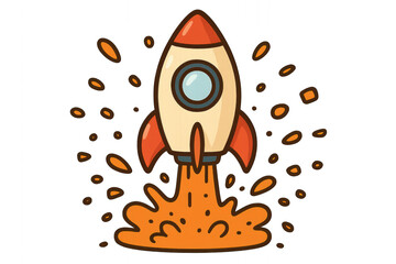 Rocket launching from rocket, sleek design with fins and flames, red and white colors, isolated on transparent background.