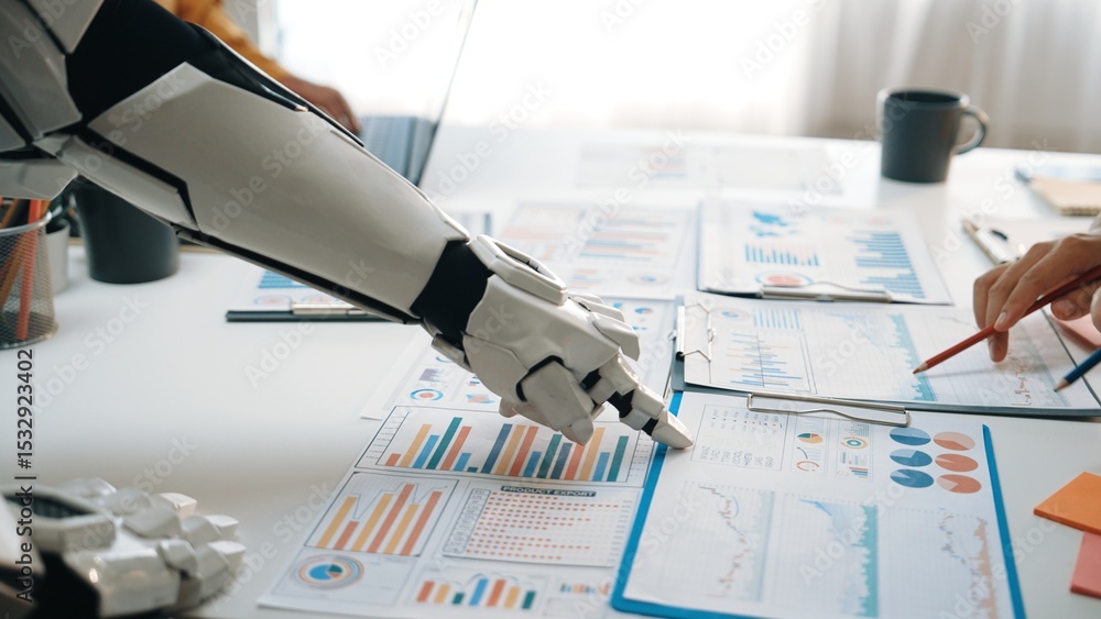 Poster a robotic arm facilitates data analysis in a modern office setting, representing the intersection of