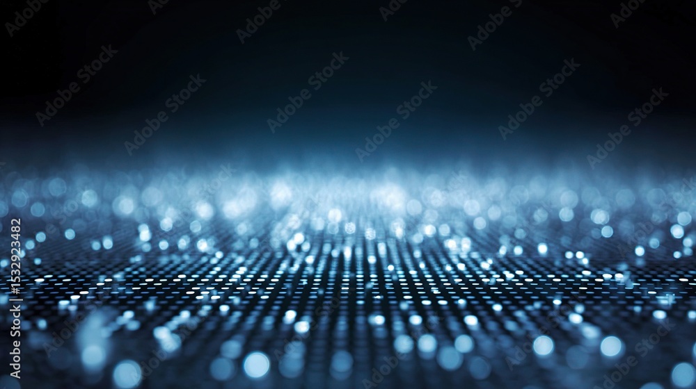 Poster blue pixelated data field with shimmering glow effect and depth