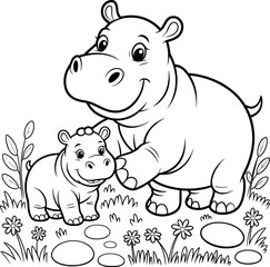 Adult Hippopotamus and Baby Hippo in Grassland Line Drawing