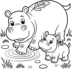 Adult Hippopotamus and Baby Hippopotamus in Water Coloring Page