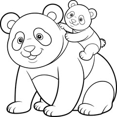 Adult Panda and Cub Line Art Illustration Black and White Cartoon