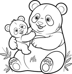 Obraz premium Adult Panda Bear and Cub Cartoon Line Art Illustration