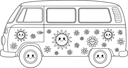 Black and White Line Drawing Cute V W Camper Van Sun Flowers © vector Art