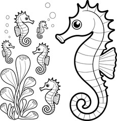 Black and White Seahorse Family with Seaweed Illustration