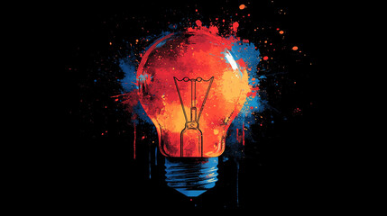 Lightbulb with paint splatters on black background, creative idea concept