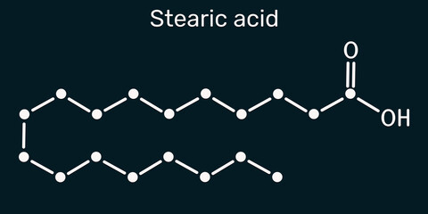 Stearic acid molecule. Saturated fatty acid found in food and cosmetics. Dark blue background