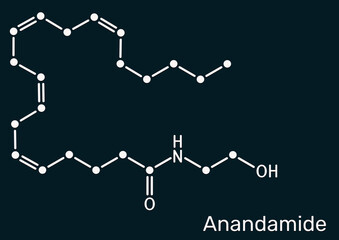 Anandamide, ANA molecule. Endocannabinoid neurotransmitter involved in mood and memory. Dark blue background