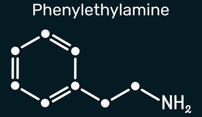 Phenylethylamine, PEA molecule. Neuromodulator and stimulant compound found in chocolate, dark blue background. Illustration