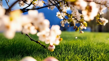 Pastel colored Easter eggs nestled in green grass with white blossom branches on a spring day. Easter season, spring, egg hunt concept.