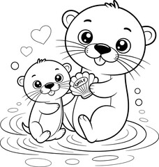 Cute Otter Family Coloring Page Seashell Smile otters