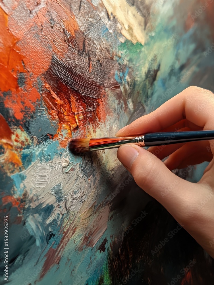 Poster artistic close-up capturing a hand painting with dynamic brush strokes.