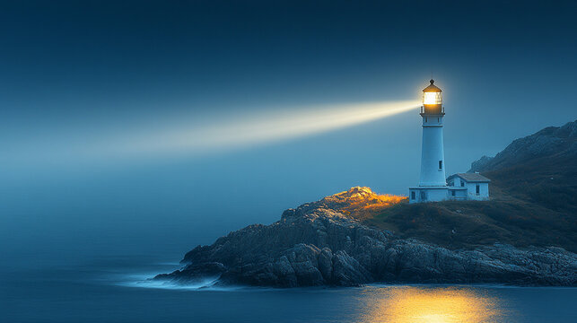 Lighthouse beam guiding ships at night on rocky coast