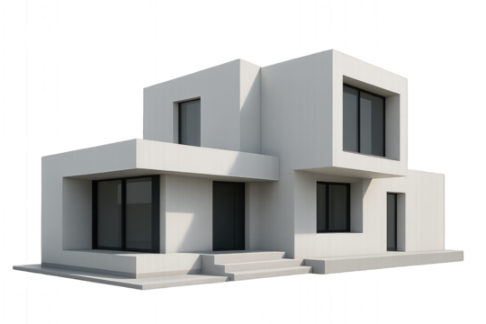 White house with black windows and white roof isolated on transparent background.