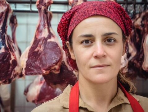Meat vendor stands proudly in market showcasing expertise and dedication to quality service in bustling local environment