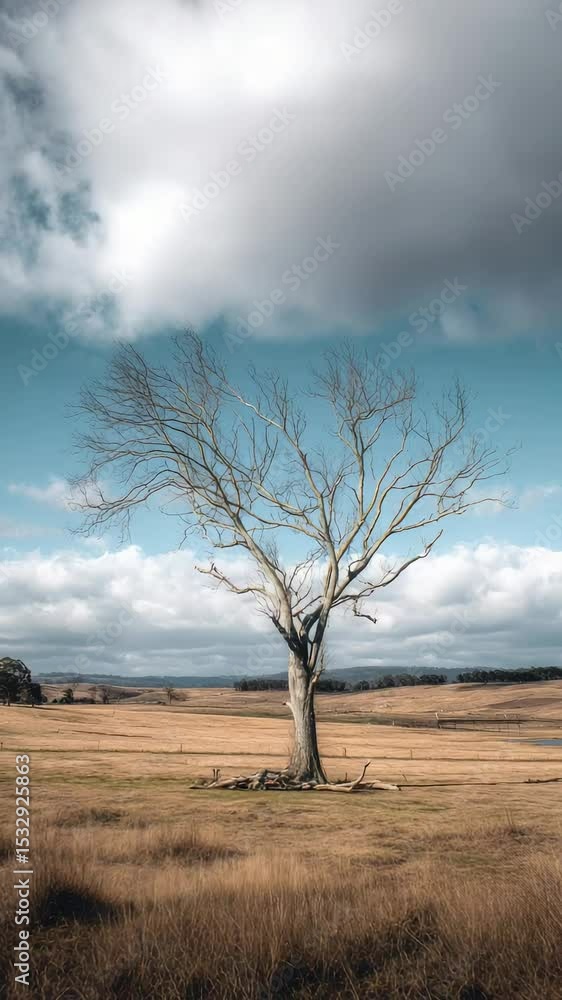 Poster lonely tree stands against a vast sky above an open field with rolling clouds in the afternoon