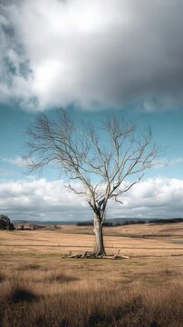 Lonely tree stands against a vast sky above an open field with rolling clouds in the afternoon
