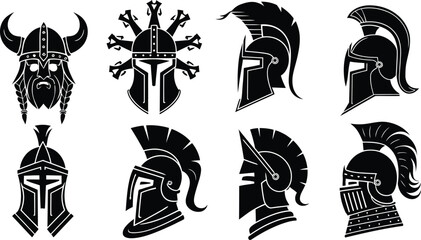 Medieval helmets, Ancient Warrior Helmet Vector Set,  Spartan, Viking, Gladiator Silhouettes,  isolated on illustration