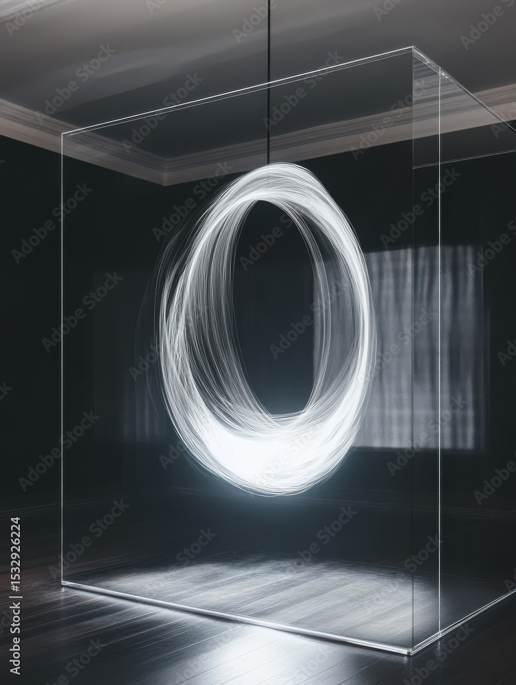Aufkleber a holographic installation displaying a rotating abstract form suspended in mid-air.