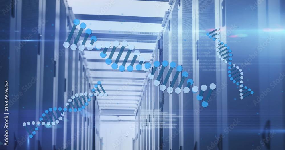 Poster floating digital dna helix graphic overlay intersecting server corridor with server racks and leds