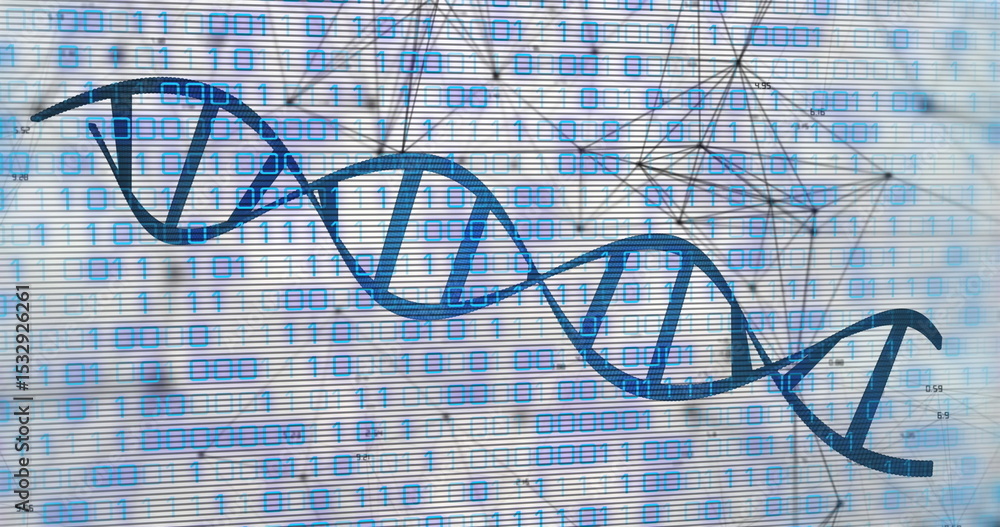Poster displaying blue dna helix stretching across digital canvas, with binary code and network nodes