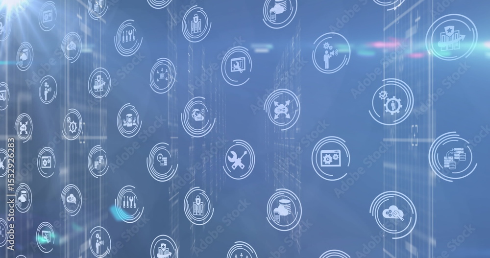Poster displaying floating icons overlaying server racks, with cloud chart and security symbols
