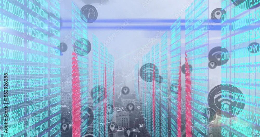 Aufkleber data overlay rising over downtown rooftops, with translucent cyan-red columns and map-pin icons