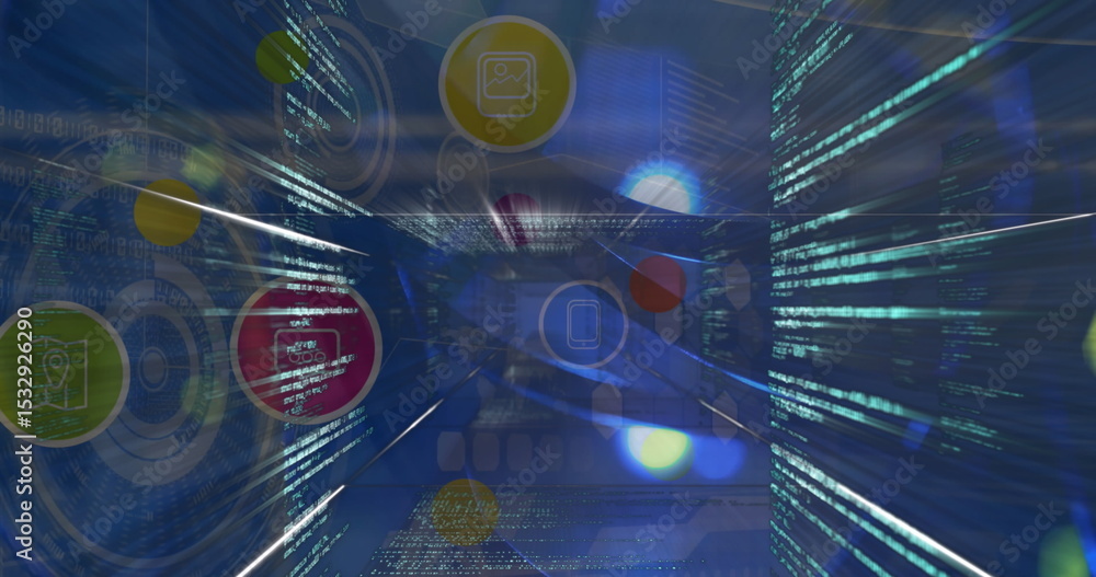 Poster streaming digital code tunnel in virtual corridor, with ui rings and floating holographic icons