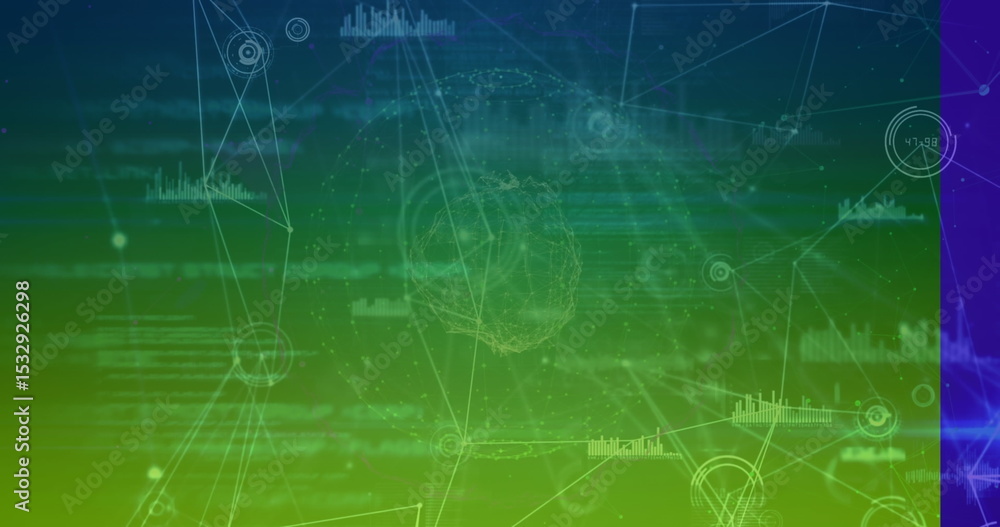 Poster displaying network visualization on computer interface, featuring nodes, histograms and connections
