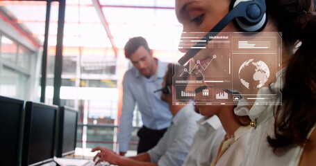 Listening agent wearing headset handling call at call center, with digital overlay, copy space