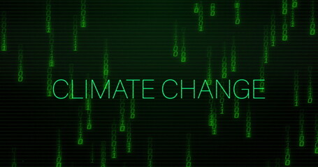 Streaming green binary code around glowing CLIMATE CHANGE text in digital matrix, with neon effect