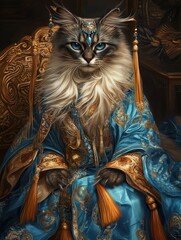 Hyper realistic portrait of a beautiful long-haired cat as an ancient Chinese empress in blue and gold dress with tassels