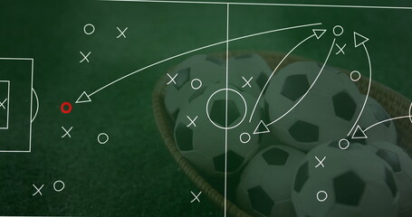 Displaying wicker basket holding soccer balls on turf pitch, with field tactics diagram, copy space