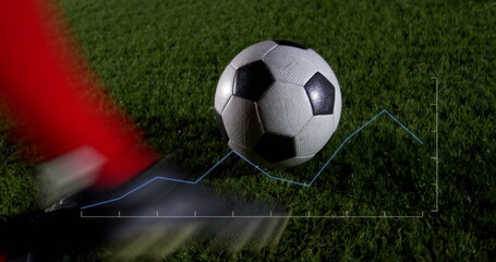 Swinging leg wearing red sock sending soccer ball rolling on floodlit turf with graph overlay