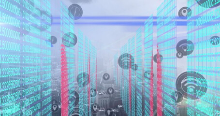 Data overlay rising over downtown rooftops, with translucent cyan-red columns and map-pin icons