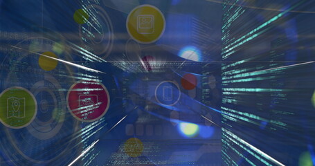 Streaming digital code tunnel in virtual corridor, with UI rings and floating holographic icons