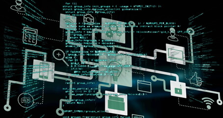 Presenting flow diagram showing floating icons from calculator to computer window in virtual space